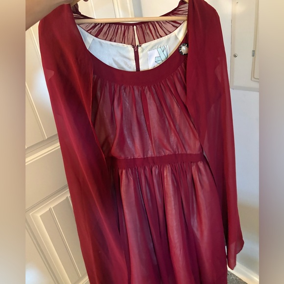 Modcloth Burgundy Midi Dress with Cap Sleeves & Snap-On Cape - Picture 5 of 7